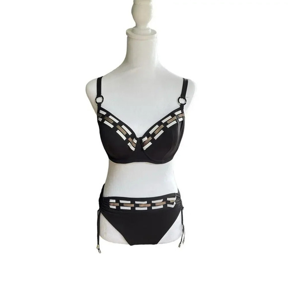 Lise Charmel 2 Piece Bikini Set Black White Brown Detail Women’s Bottom M Top 34 - Picture 1 of 10